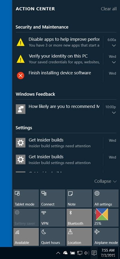 Windows 10 में सूचनाएँ और क्रियाएँ केंद्र 