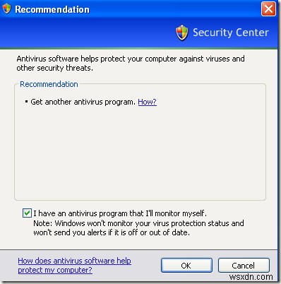 Windows XP में  आपका कंप्यूटर खतरे में हो सकता है  को बंद या हटा दें