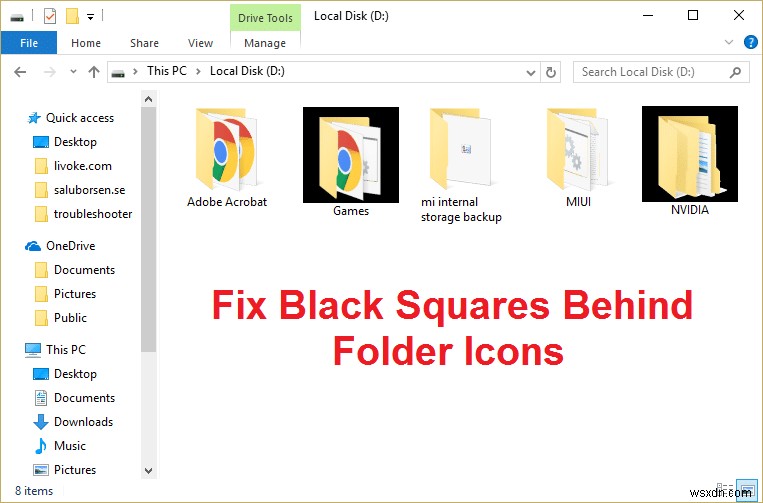 फ़ोल्डर आइकॉन के पीछे काले वर्गों को ठीक करें