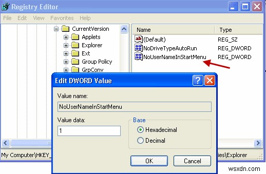 स्निपेट: Windows XP स्टार्ट मेनू से यूजरनेम हटाएं