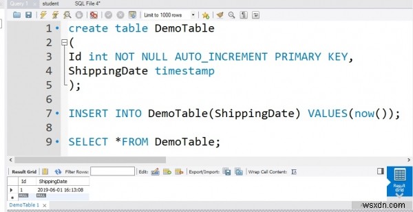 MySQL Workbench में टाइमस्टैम्प फ़ील्ड पर NOW() कैसे लागू करें?