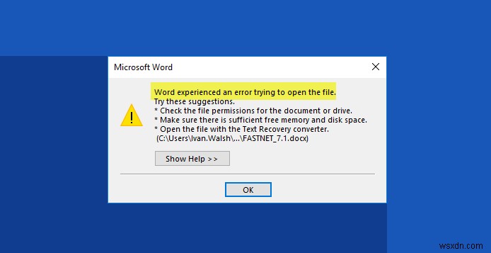 Word experienced an error trying to open the file त्रुटि ठीक करें