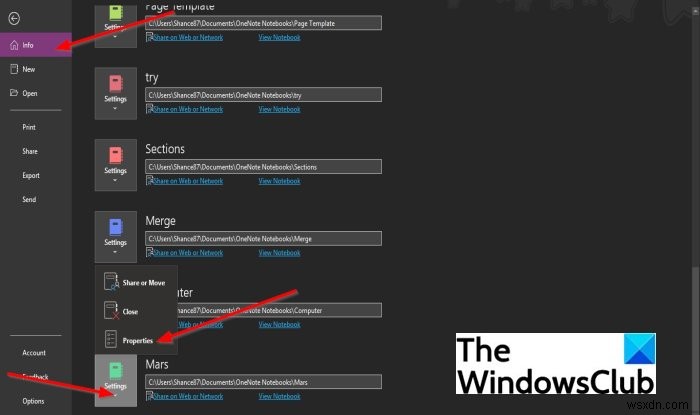 OneNote नोटबुक का नाम, रंग, स्थान कैसे बदलें