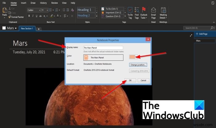 OneNote नोटबुक का नाम, रंग, स्थान कैसे बदलें