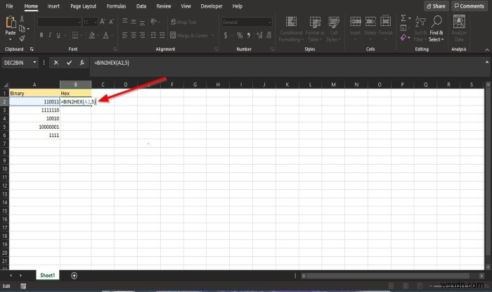 Microsoft Excel में BIN2HEX फंक्शन का उपयोग कैसे करें