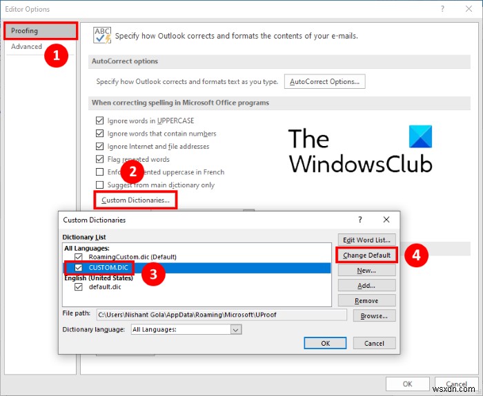 Outlook में  कस्टम डिक्शनरी अपडेट के लिए उपलब्ध नहीं  ठीक करें