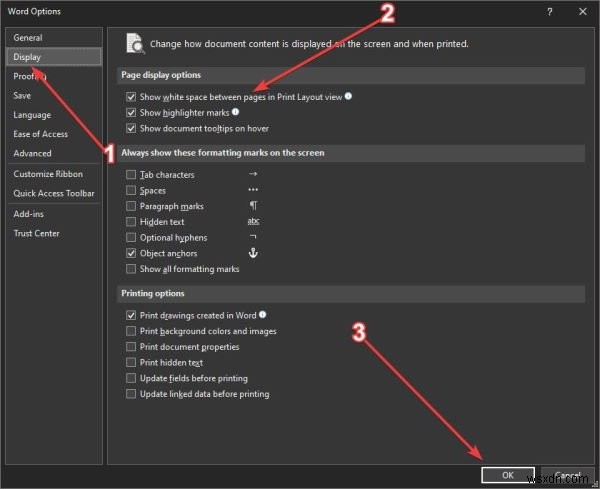 Microsoft Word में ऊपर और नीचे के मार्जिन गायब होना