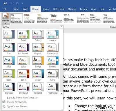 Microsoft Office प्रोग्राम में दस्तावेज़ थीम रंग कैसे बदलें