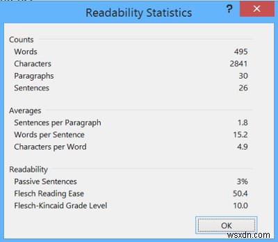 Microsoft Word में रीडेबिलिटी स्टैटिस्टिक्स सुविधा