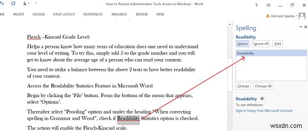 Microsoft Word में रीडेबिलिटी स्टैटिस्टिक्स सुविधा