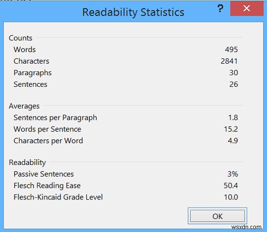 Microsoft Word में रीडेबिलिटी स्टैटिस्टिक्स सुविधा