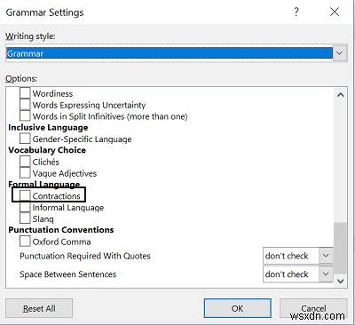 Microsoft Word को संकुचन (Contractions) को त्रुटि के रूप में चिह्नित करने से रोकें
