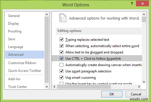 Word में हाइपरलिंक खोलने के लिए Ctrl+Click शॉर्टकट सक्षम या अक्षम करें