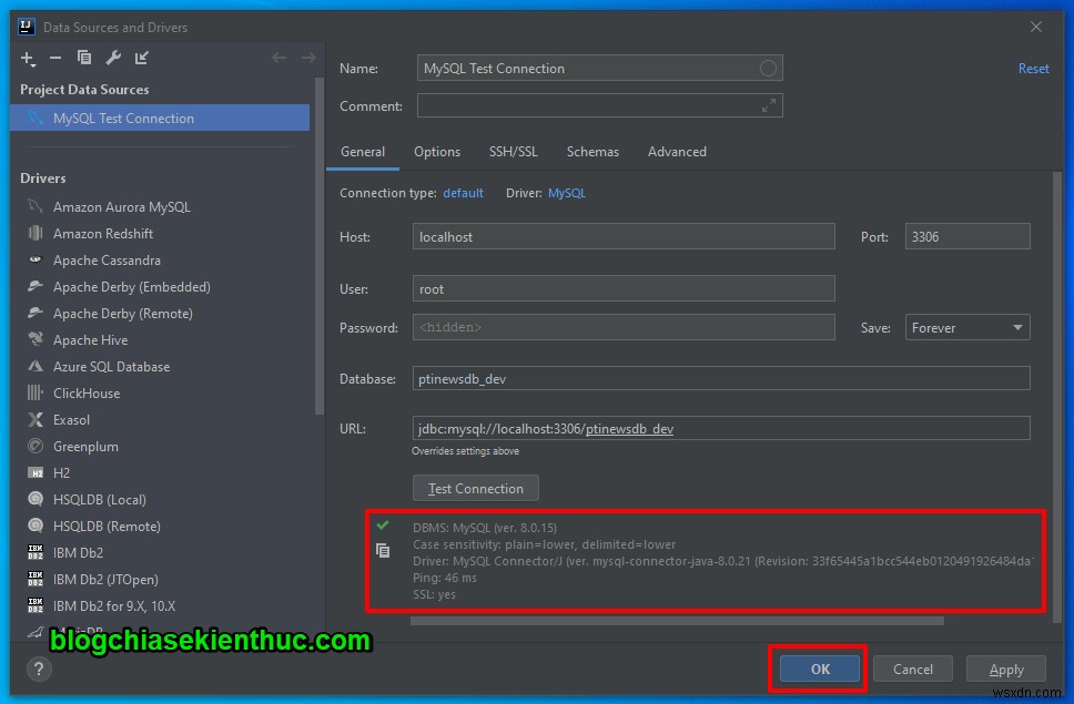 IntelliJ में MySQL सर्वर से कनेक्ट करने के निर्देश