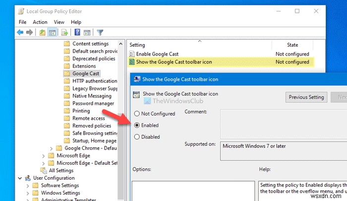 क्रोम में Google Cast टूलबार आइकन दिखाएं या छिपाएं