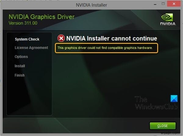 यह ग्राफिक्स ड्राइवर संगत ग्राफिक्स हार्डवेयर नहीं ढूंढ सका - NVIDIA त्रुटि