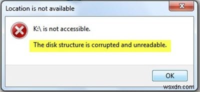विंडोज 10 पर The Disk structure is corrupted and unreadable त्रुटि