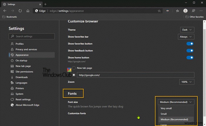Microsoft Edge ब्राउज़र में डिफ़ॉल्ट फ़ॉन्ट आकार और शैली कैसे बदलें