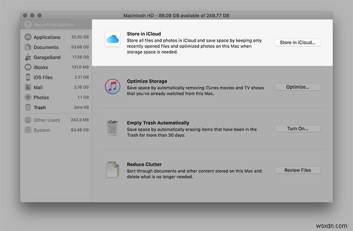 macOS Sierra के पर्जेबल स्पेस को समझें और हार्ड ड्राइव स्पेस ऑप्टिमाइज़ करने के लिए इसका उपयोग कैसे करें