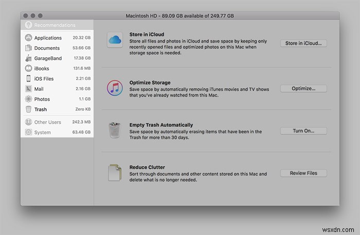macOS Sierra के पर्जेबल स्पेस को समझें और हार्ड ड्राइव स्पेस ऑप्टिमाइज़ करने के लिए इसका उपयोग कैसे करें