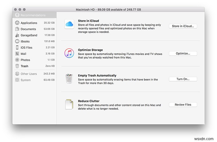 macOS Sierra के पर्जेबल स्पेस को समझें और हार्ड ड्राइव स्पेस ऑप्टिमाइज़ करने के लिए इसका उपयोग कैसे करें