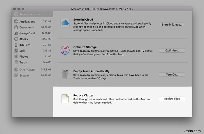 macOS Sierra के पर्जेबल स्पेस को समझें और हार्ड ड्राइव स्पेस ऑप्टिमाइज़ करने के लिए इसका उपयोग कैसे करें