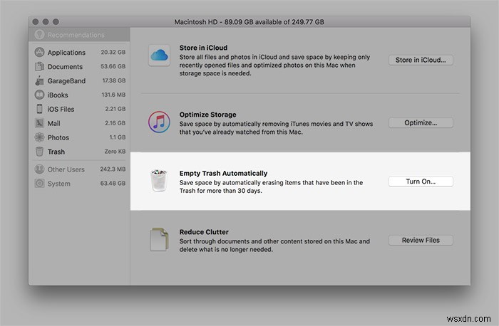 macOS Sierra के पर्जेबल स्पेस को समझें और हार्ड ड्राइव स्पेस ऑप्टिमाइज़ करने के लिए इसका उपयोग कैसे करें