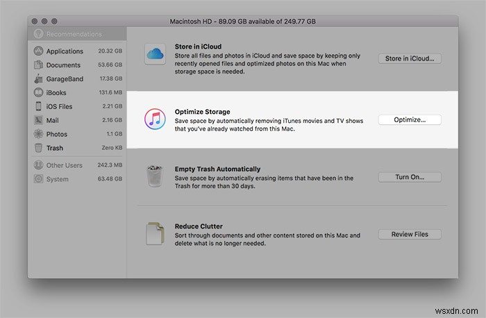 macOS Sierra के पर्जेबल स्पेस को समझें और हार्ड ड्राइव स्पेस ऑप्टिमाइज़ करने के लिए इसका उपयोग कैसे करें