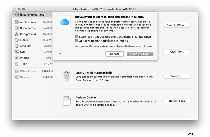 macOS Sierra के पर्जेबल स्पेस को समझें और हार्ड ड्राइव स्पेस ऑप्टिमाइज़ करने के लिए इसका उपयोग कैसे करें