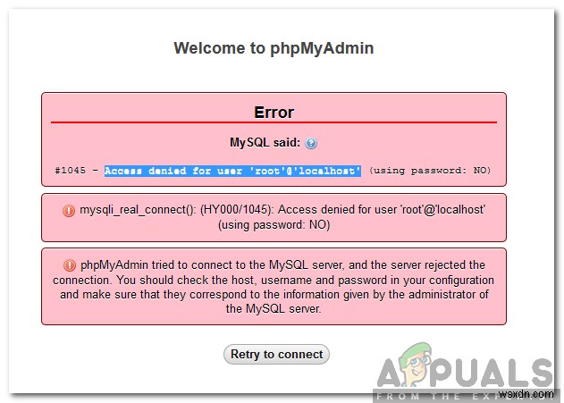 MySQL पर  Access Denied for User root@localhost  त्रुटि कैसे ठीक करें