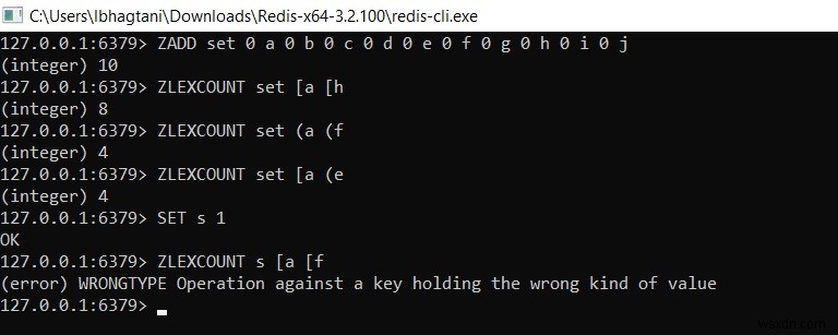 Redis ZLEXCOUNT का उपयोग करके मान रेंज द्वारा सॉर्टेड सेट एलिमेंट्स गिनें