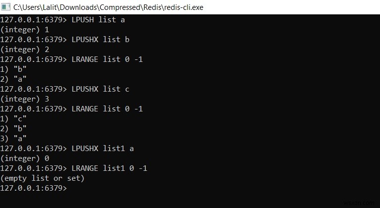 Redis LPUSH और LPUSHX का उपयोग करके लिस्ट के शुरुआत में तत्व डालें