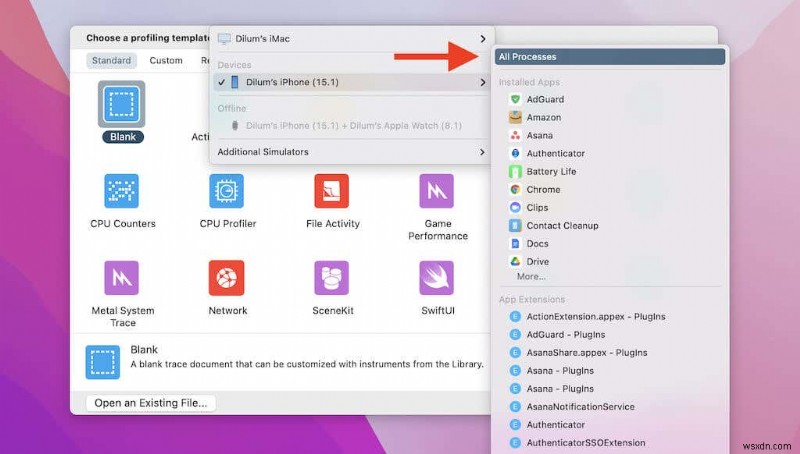 Xcode का उपयोग करके मैक पर आईफोन और आईपैड प्रोसेस देखें