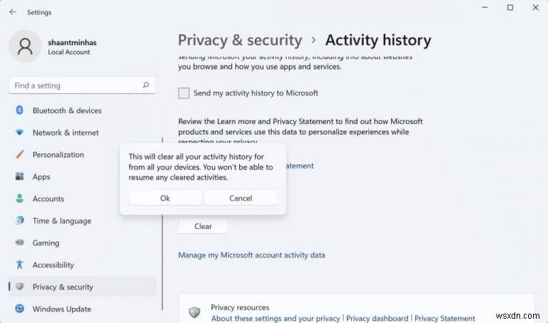 Windows PC पर एक्टिविटी हिस्ट्री देखें और प्रबंधित करें