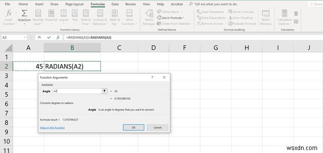 एक्सेल में कोणों को डिग्री से रेडियन में कैसे बदलें