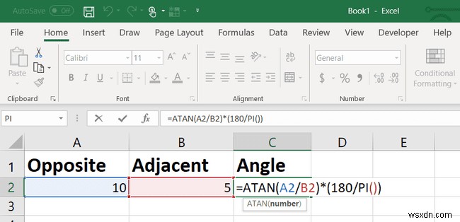 Excel TAN फंक्शन:टैंगेंट एंगल कैसे खोजें