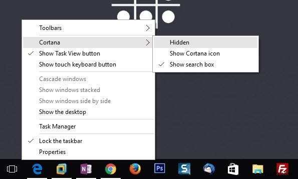 विंडोज 10 टास्कबार से Cortana सर्च बार और टास्क व्यू आइकन कैसे निकालें