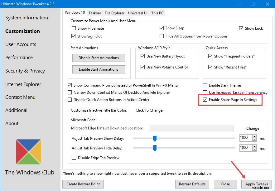 Windows 10 सेटिंग्स ऐप में  शेयर सेटिंग्स  विकल्प को कैसे सक्षम करें