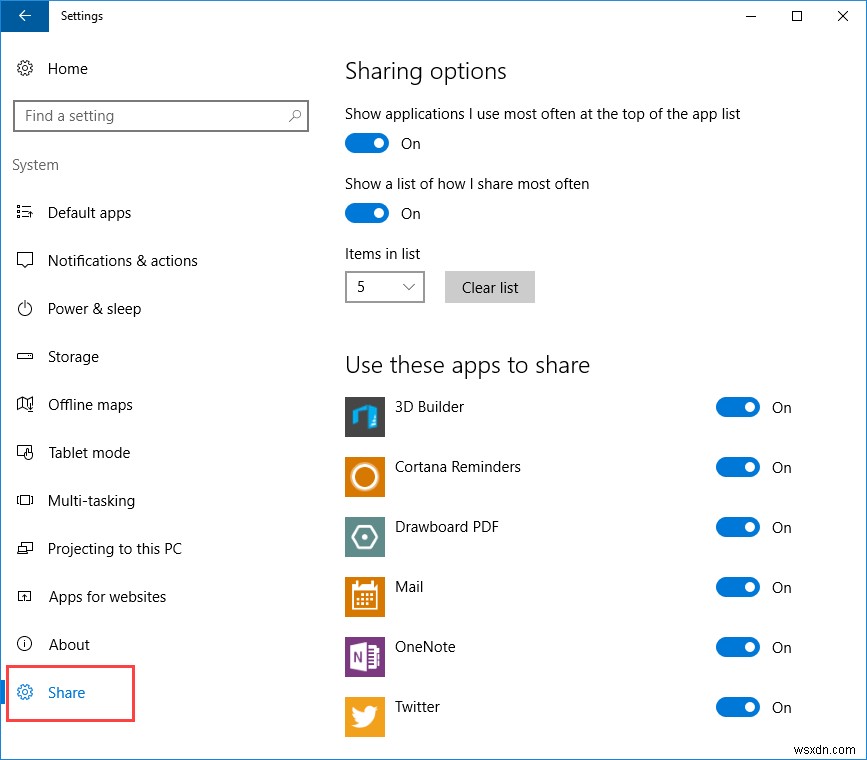 Windows 10 सेटिंग्स ऐप में  शेयर सेटिंग्स  विकल्प को कैसे सक्षम करें