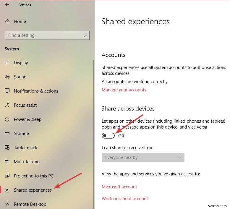 Windows 10 में साझा अनुभव सुविधा को कैसे अक्षम करें