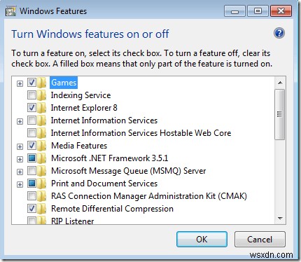 Windows सुविधाएँ चालू या बंद संवाद Windows 7 या Vista में खाली है 