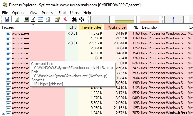 विंडोज़ में svchost.exe प्रक्रिया द्वारा होस्ट की गई सेवाओं की सूची देखें 