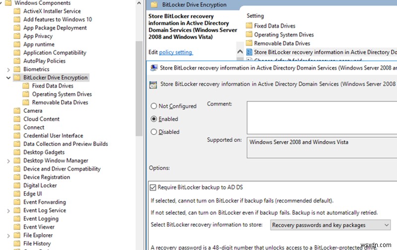 सक्रिय निर्देशिका में BitLocker पुनर्प्राप्ति कुंजी संग्रहीत करना 