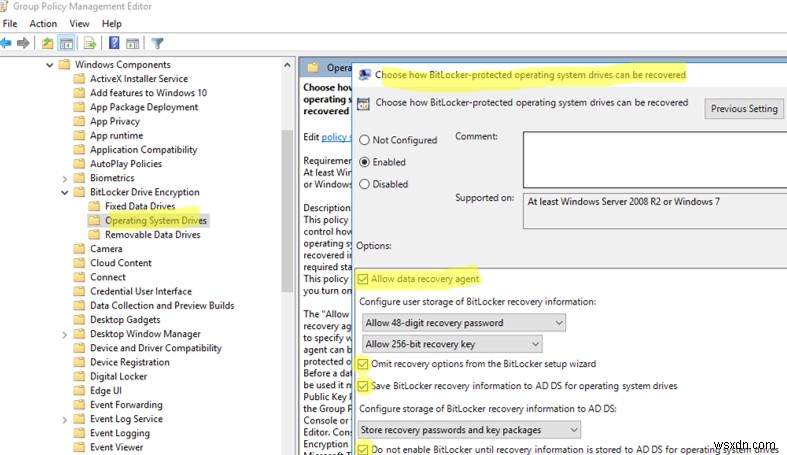 सक्रिय निर्देशिका में BitLocker पुनर्प्राप्ति कुंजी संग्रहीत करना 