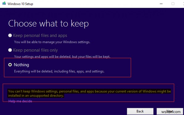 Windows 10 नवीनीकरण त्रुटि:Windows असमर्थित निर्देशिका में स्थापित किया जा सकता है 