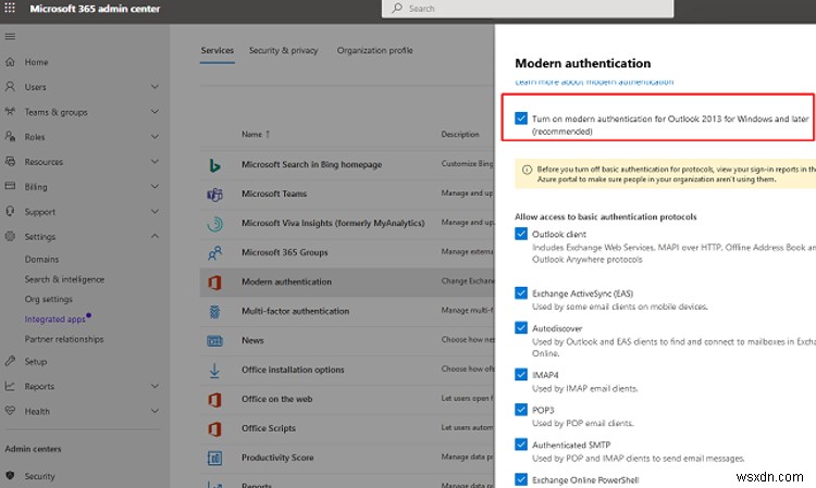 Microsoft 365 के लिए आधुनिक या बुनियादी प्रमाणीकरण सक्षम करना 