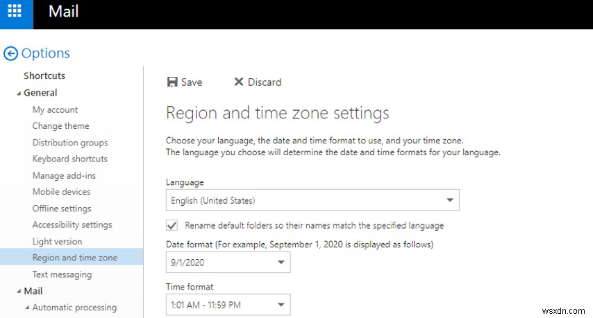 आउटलुक, एक्सचेंज और माइक्रोसॉफ्ट 365 में क्षेत्रीय मेलबॉक्स सेटिंग्स (भाषा, टाइमज़ोन) 