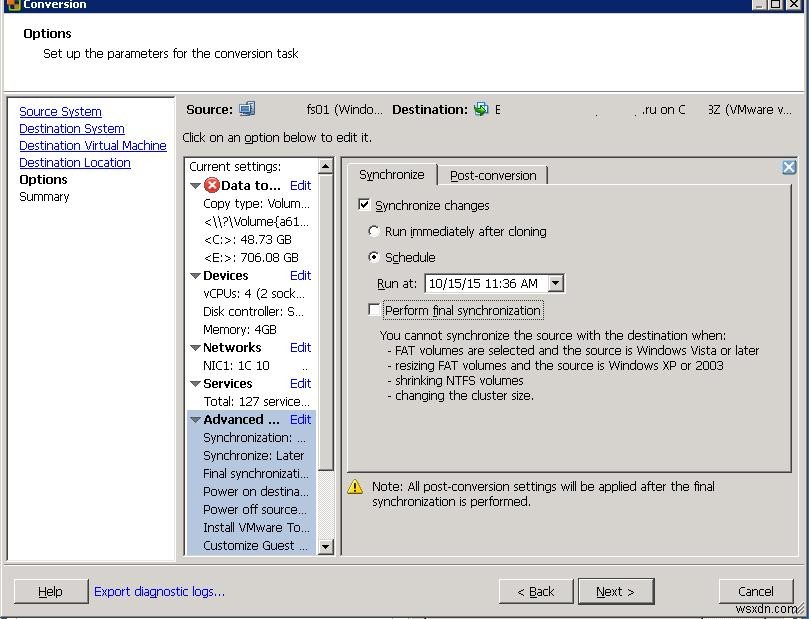 VMware कनवर्टर:P2V या V2V करते समय परिवर्तनों को सिंक्रनाइज़ करें 