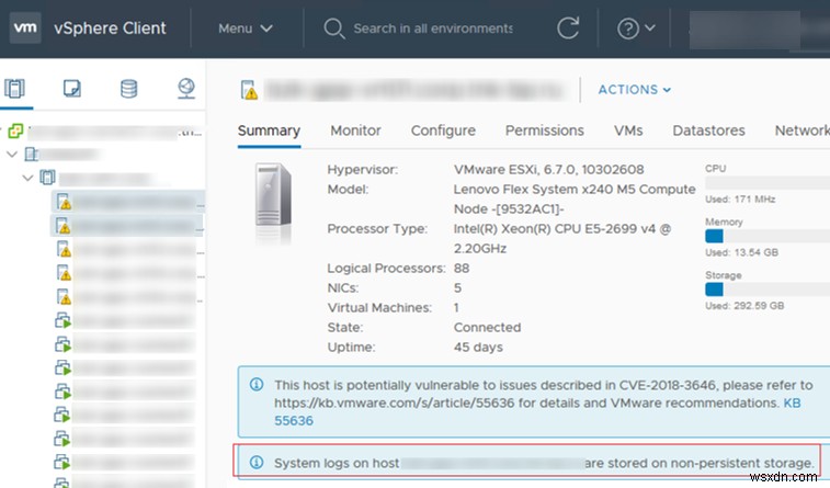 ESXi होस्ट पर सिस्टम लॉग गैर-स्थायी संग्रहण पर संग्रहीत होते हैं 