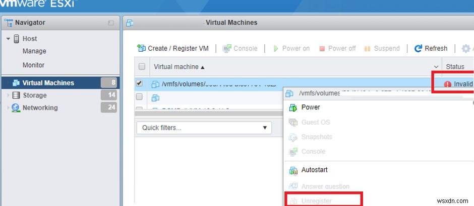 VMWare ESXi . पर वर्चुअल मशीन की अमान्य स्थिति 